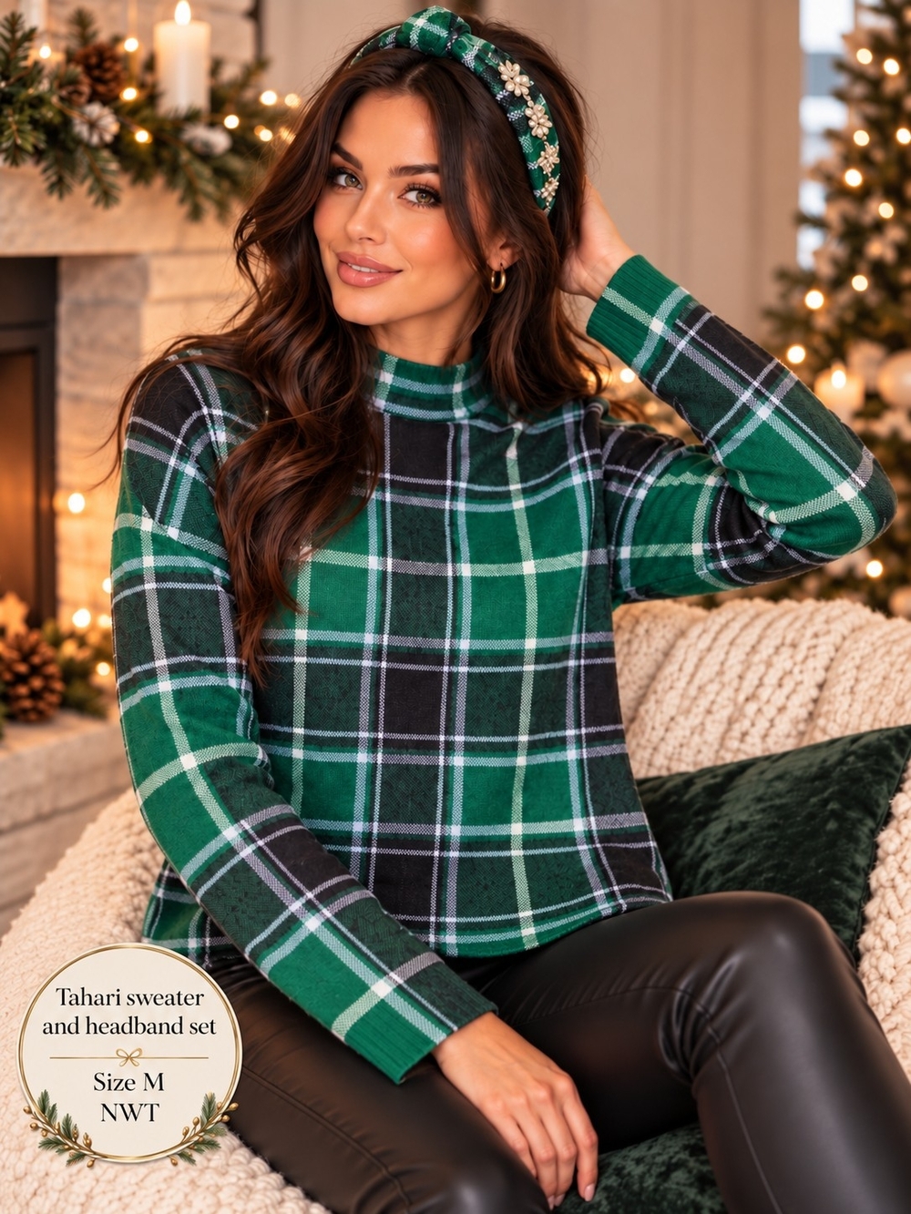 Tahari NWT Green Plaid Sweater & Embellished Headband Set Size M